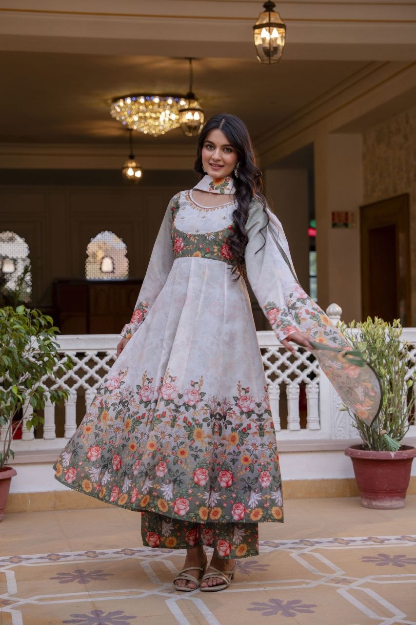 Elegant Digital Print Chanderi Gown with Palazzo & Dupatta