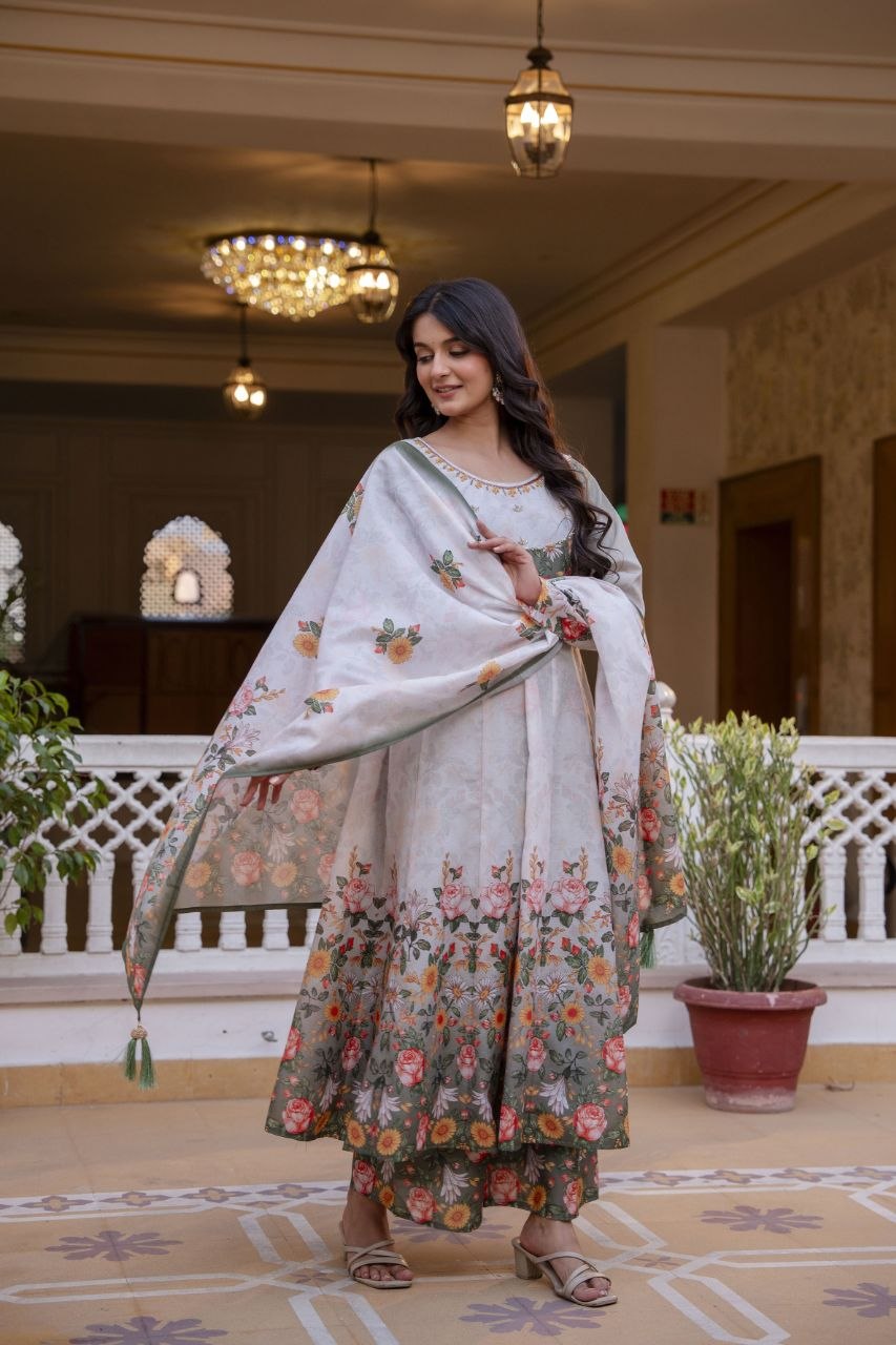 Elegant Digital Print Chanderi Gown with Palazzo & Dupatta