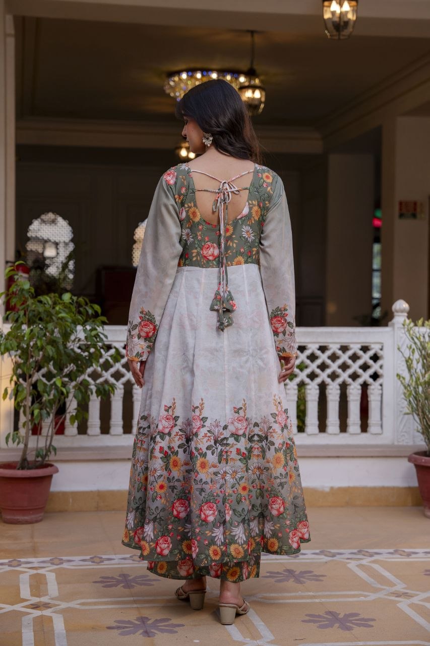 Elegant Digital Print Chanderi Gown with Palazzo & Dupatta