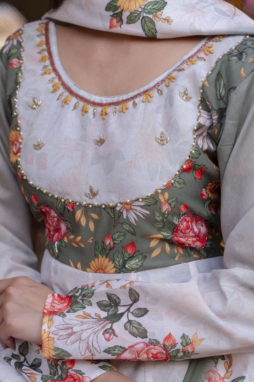 Elegant Digital Print Chanderi Gown with Palazzo & Dupatta