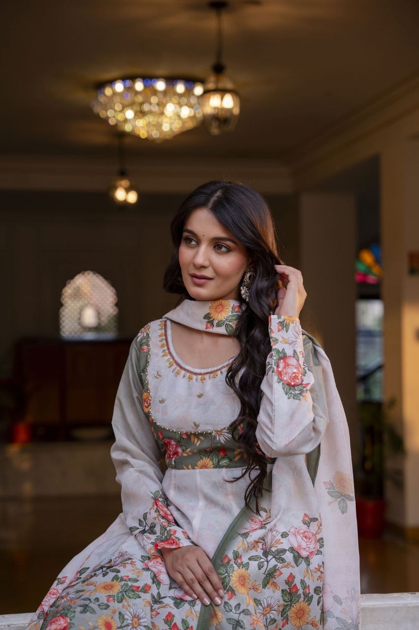 Elegant Digital Print Chanderi Gown with Palazzo & Dupatta
