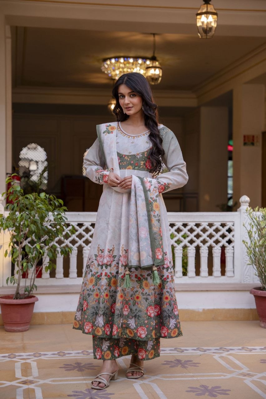 Elegant Digital Print Chanderi Gown with Palazzo & Dupatta