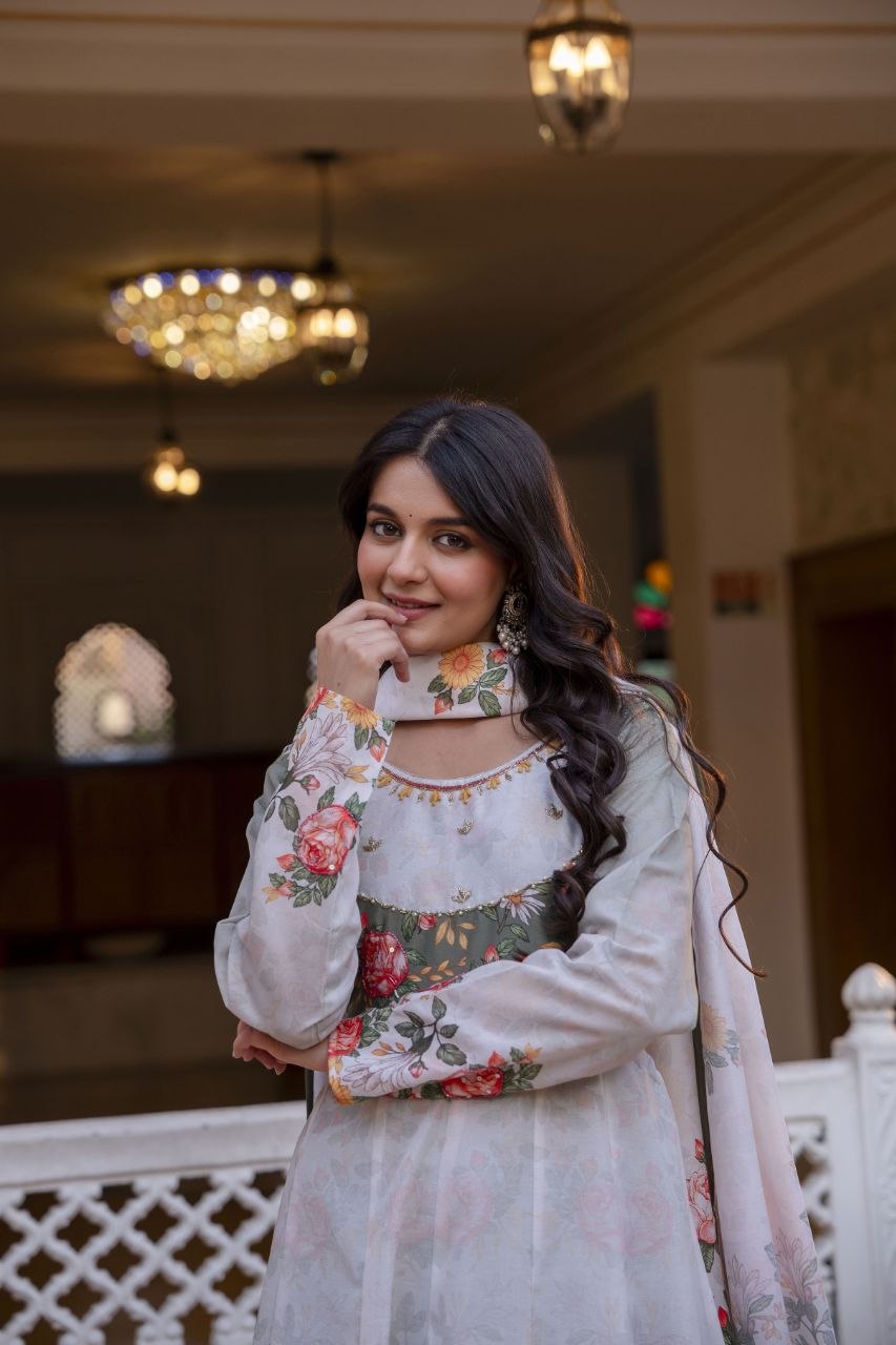 Elegant Digital Print Chanderi Gown with Palazzo & Dupatta