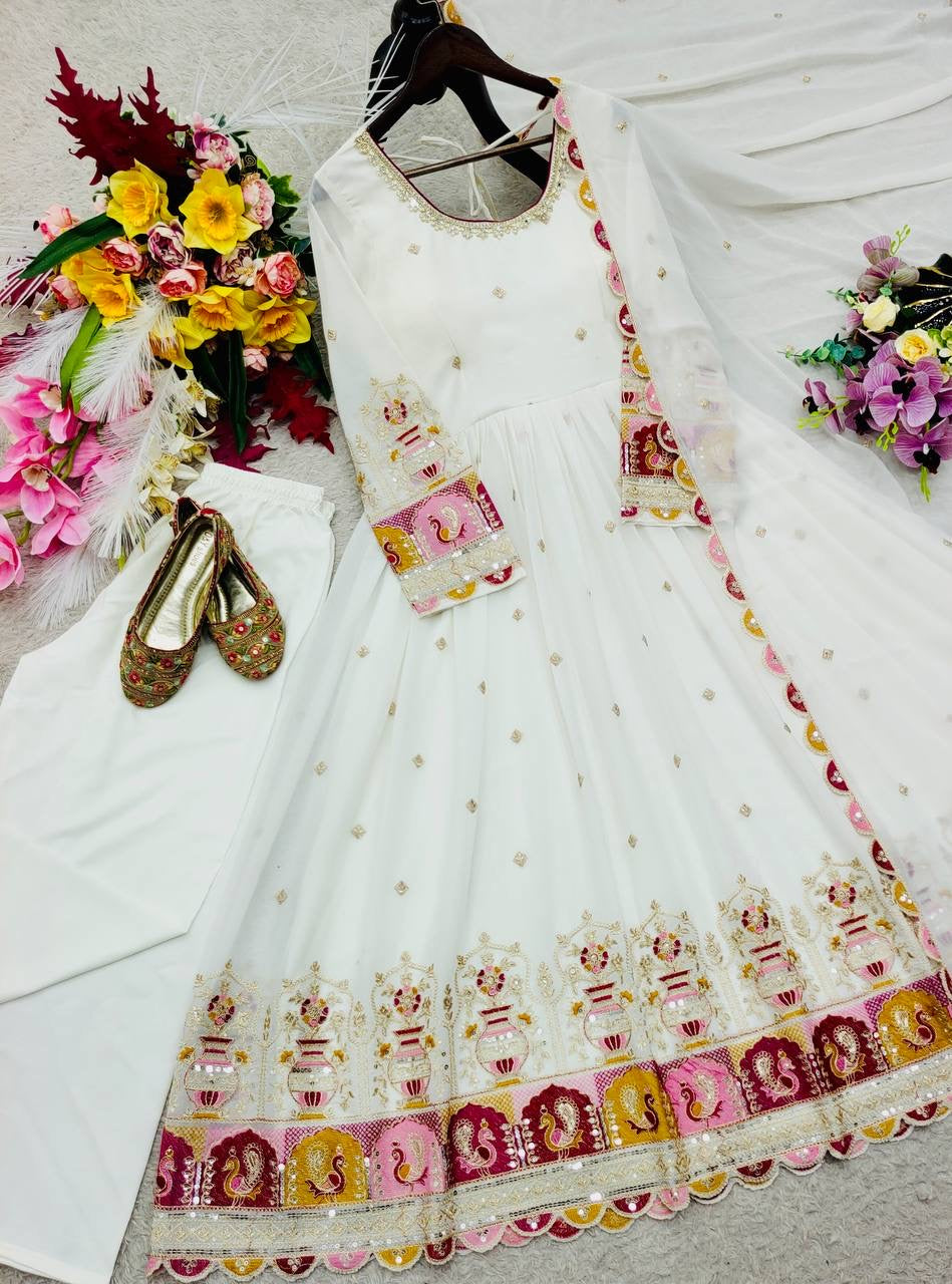 Designer Blooming Georgette Gown Pant Dupatta Set
