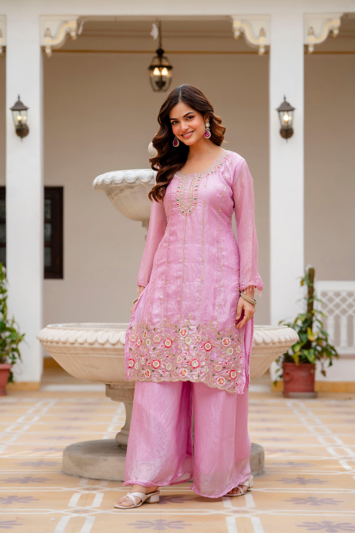 Embroidered Chinon Kurti Palazzo Set