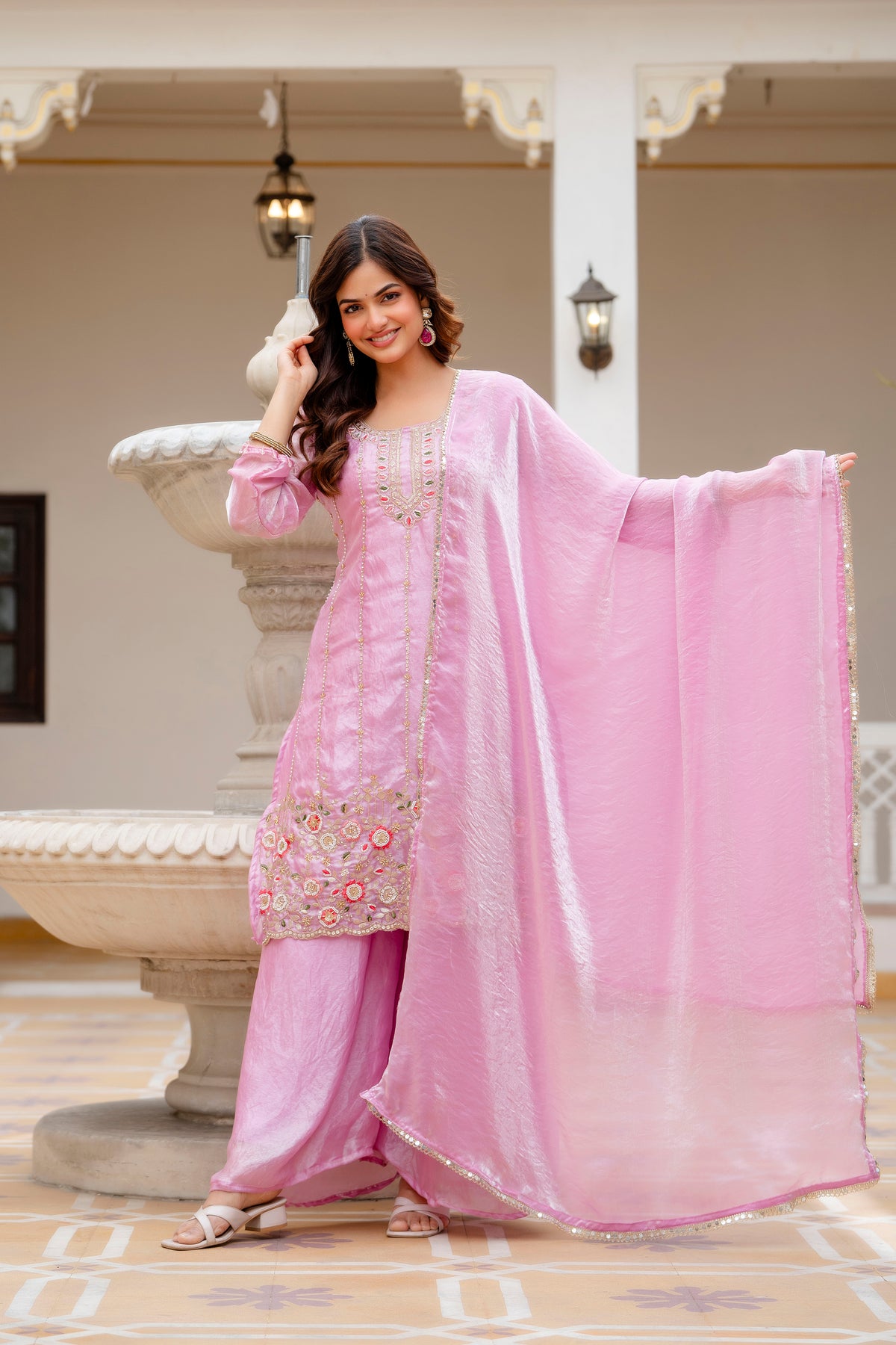 Embroidered Chinon Kurti Palazzo Set