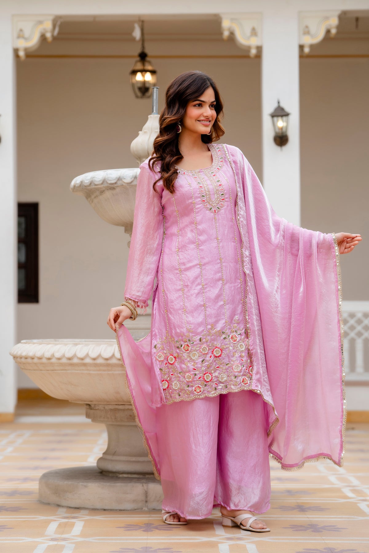 Embroidered Chinon Kurti Palazzo Set