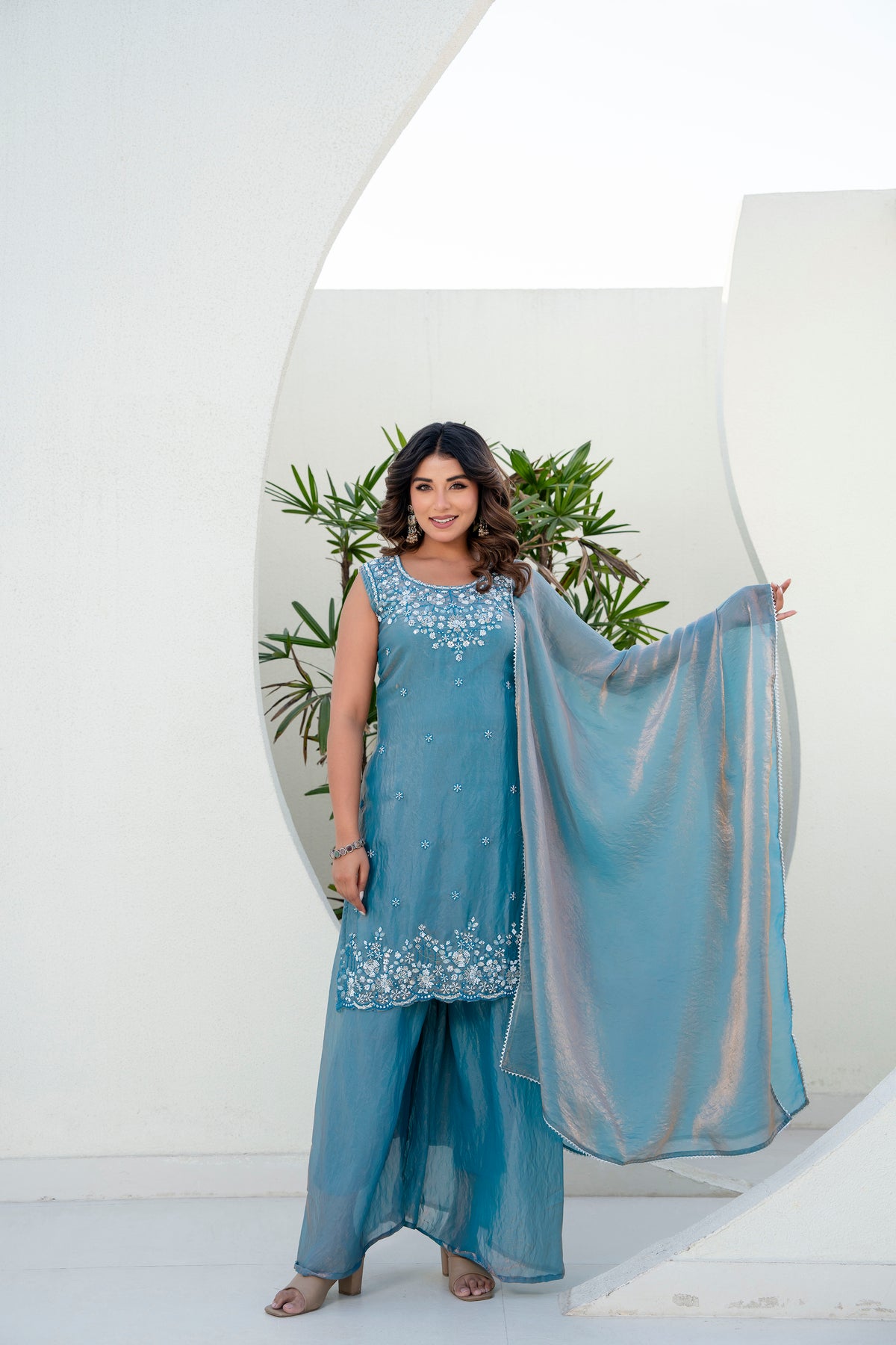 Elegant Beaded Fandi Silk Kurti Palazzo With Dupatta