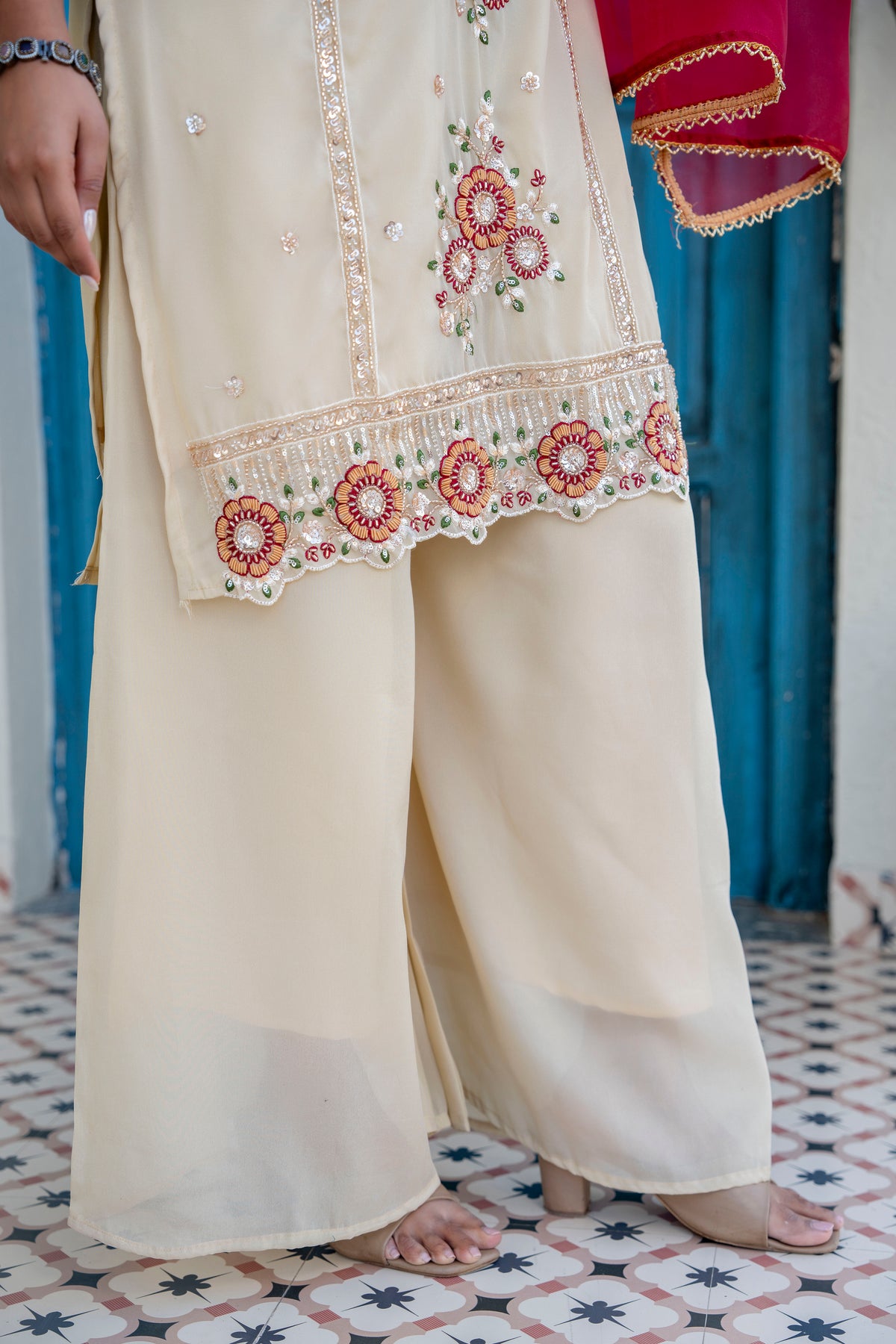 Elegant Zardozi Beaded Cosmos Shimmer Kurti Palazzo Set