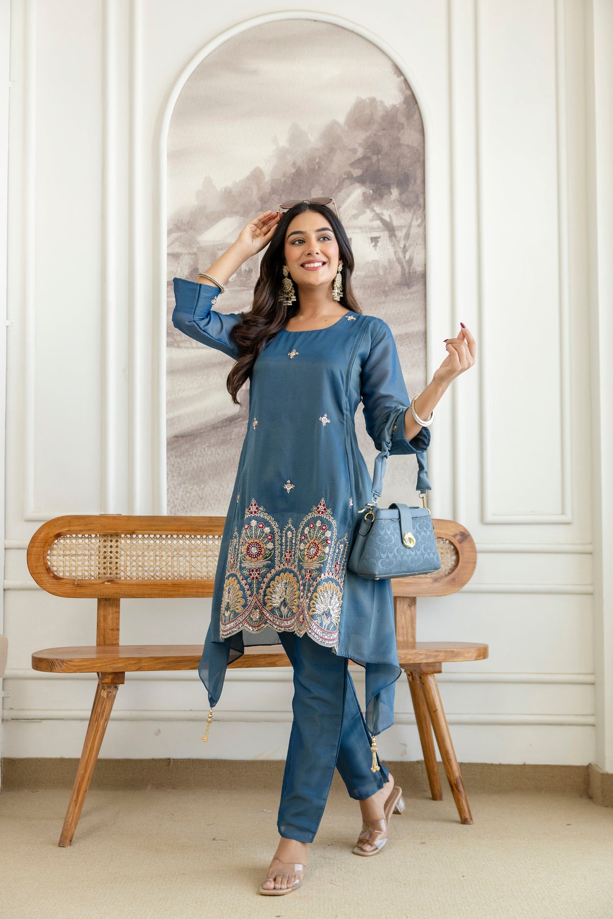 Elegant Zardozi Beaded Cosmos Shimmer Kurti pant set