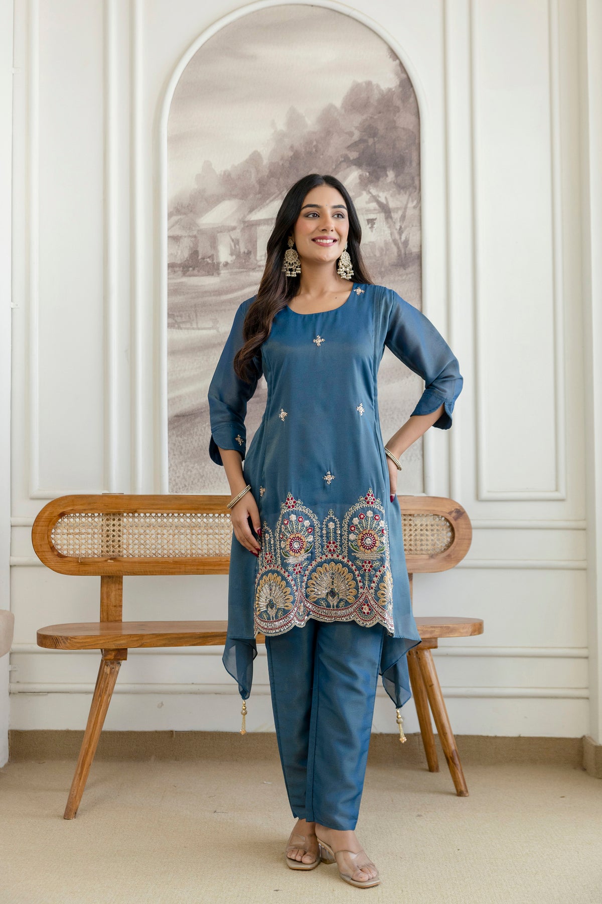 Elegant Zardozi Beaded Cosmos Shimmer Kurti pant set