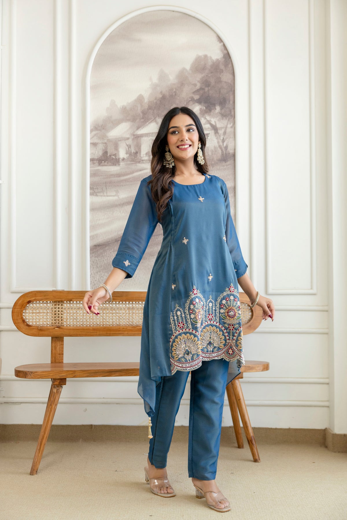 Elegant Zardozi Beaded Cosmos Shimmer Kurti pant set