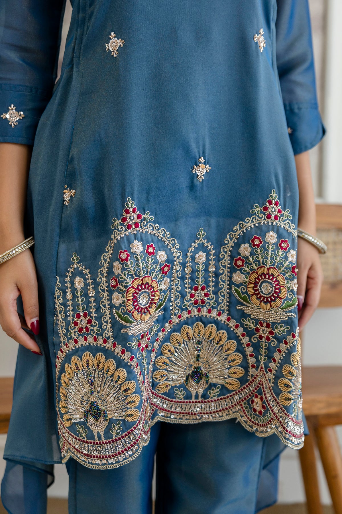 Elegant Zardozi Beaded Cosmos Shimmer Kurti pant set