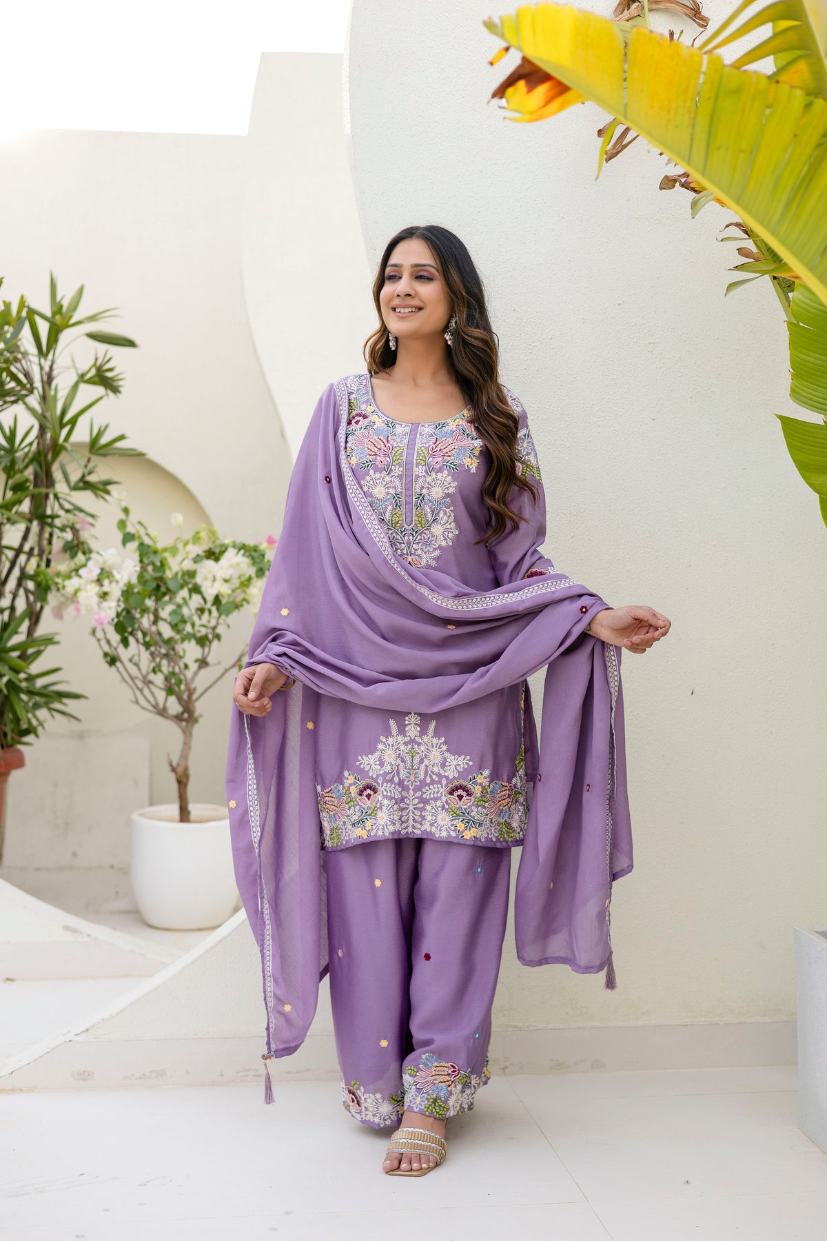 Embroidered Chinon Kurti Palazzo Set