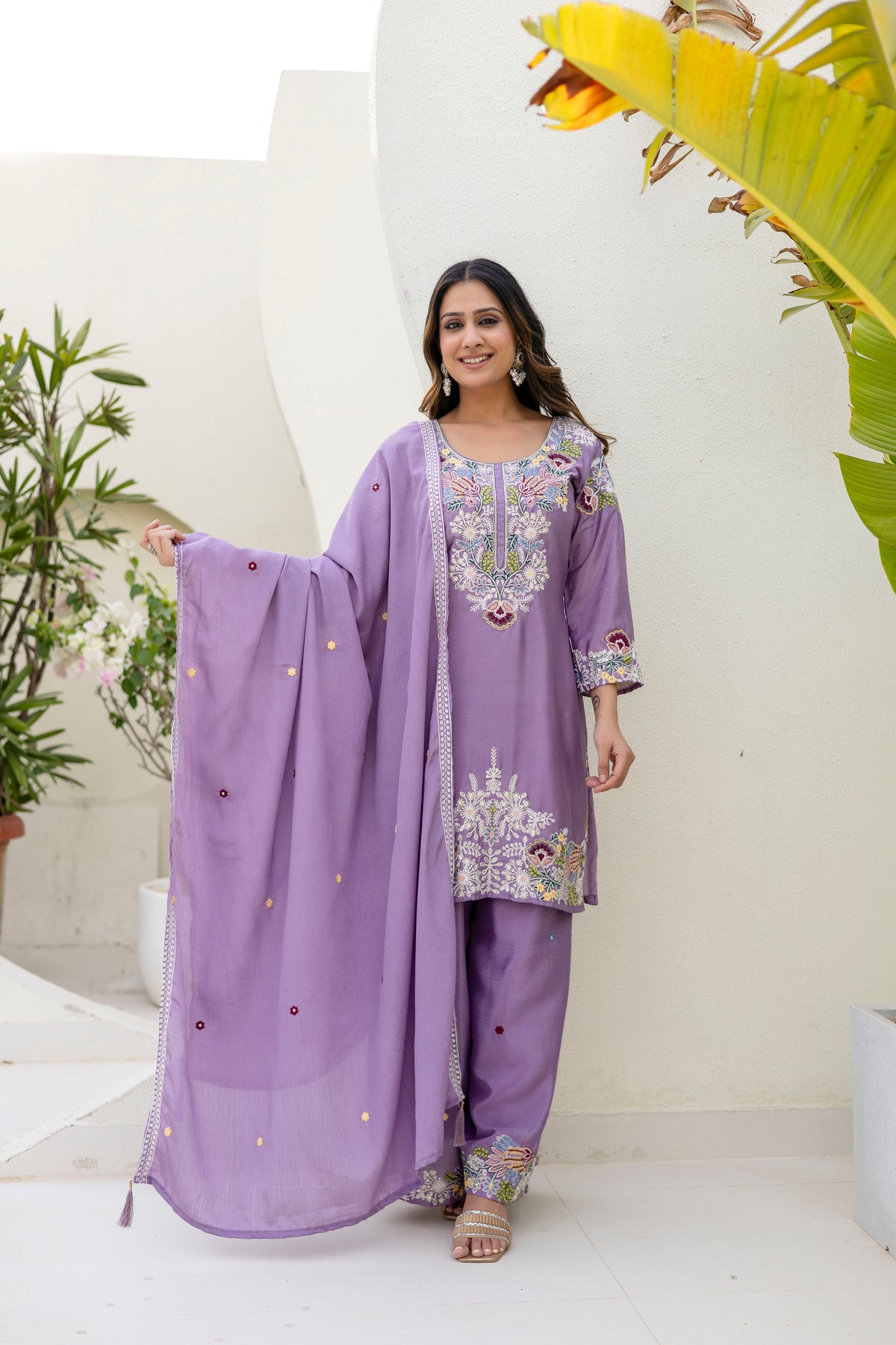 Embroidered Chinon Kurti Palazzo Set