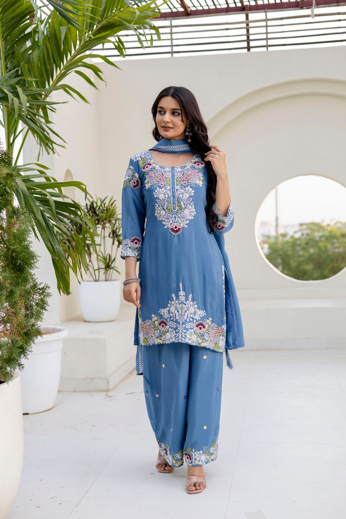 Embroidered Chinon Kurti Palazzo Set