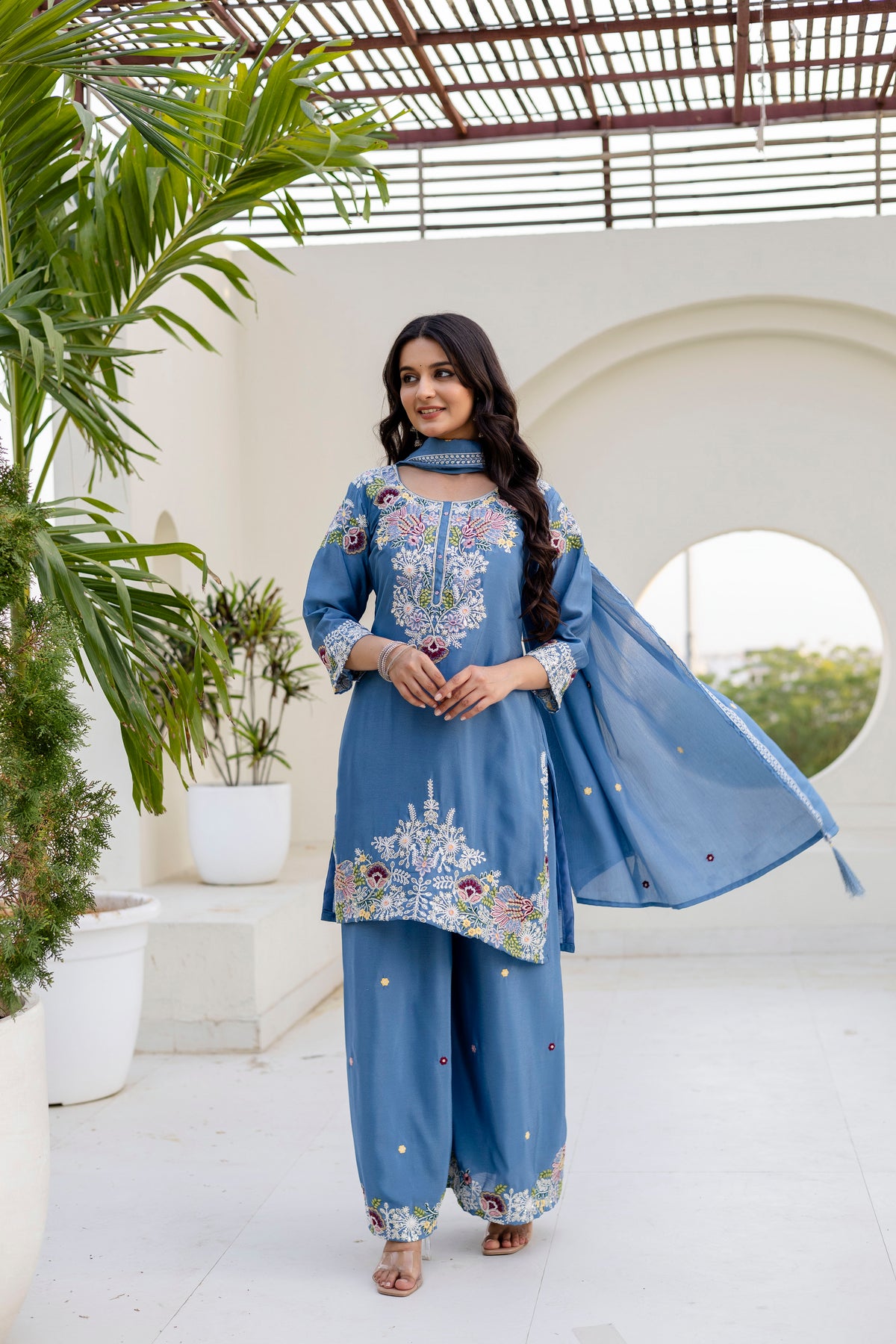 Embroidered Chinon Kurti Palazzo Set