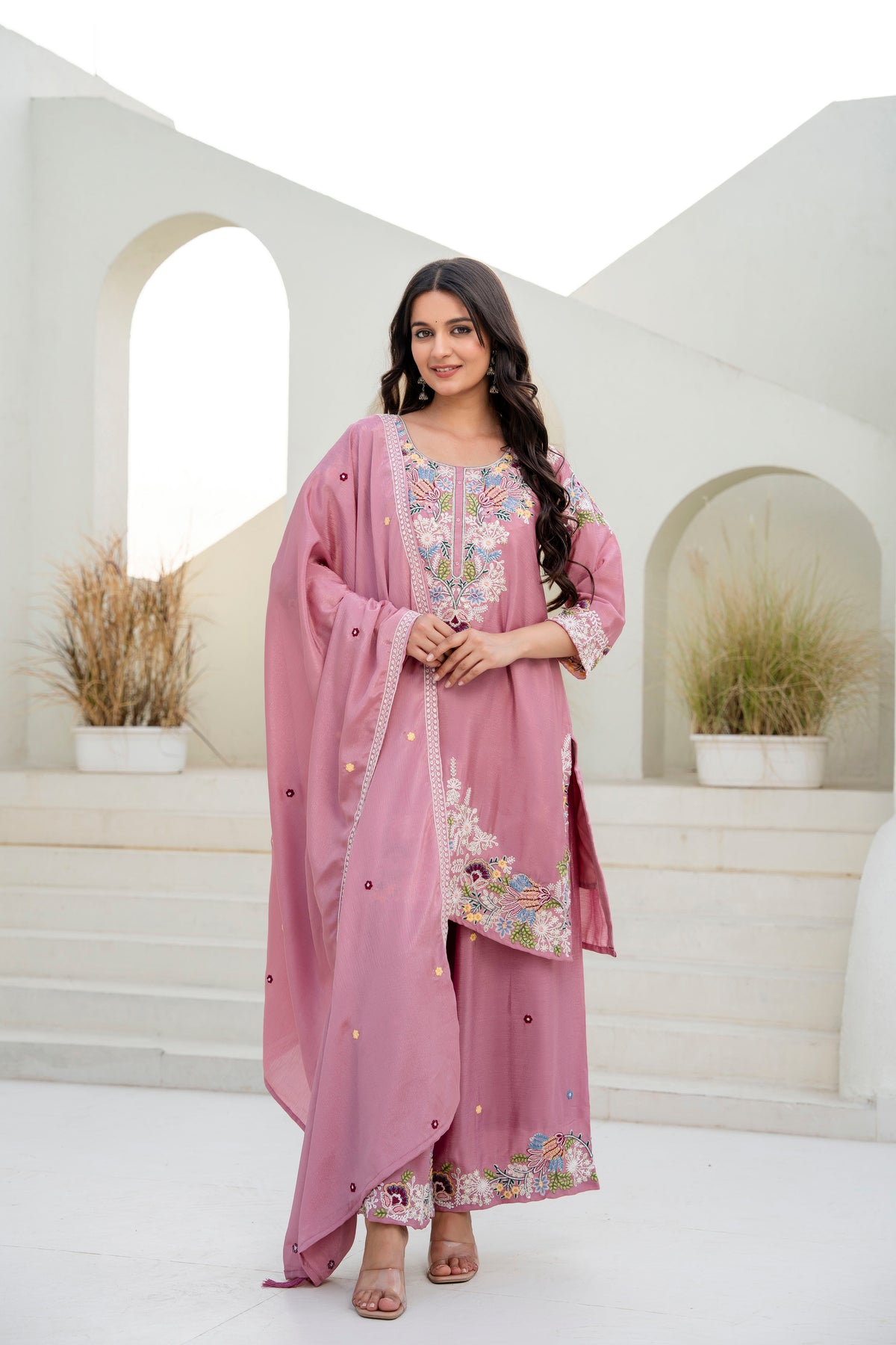 Embroidered Chinon Kurti Palazzo Set