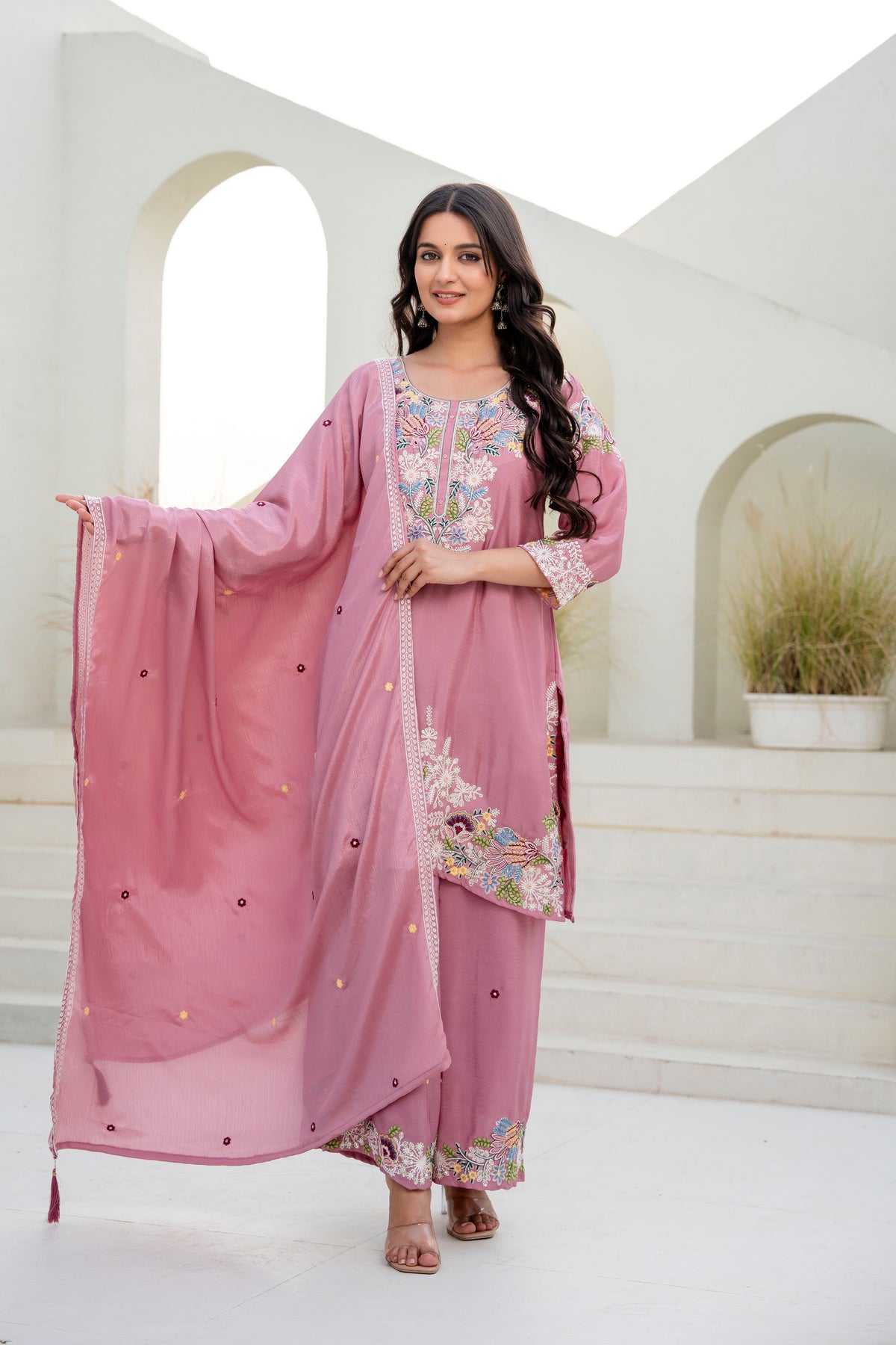 Embroidered Chinon Kurti Palazzo Set