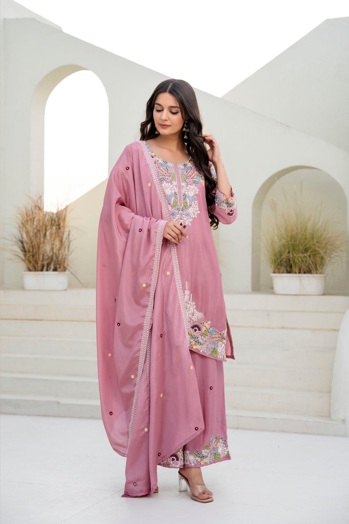 Embroidered Chinon Kurti Palazzo Set
