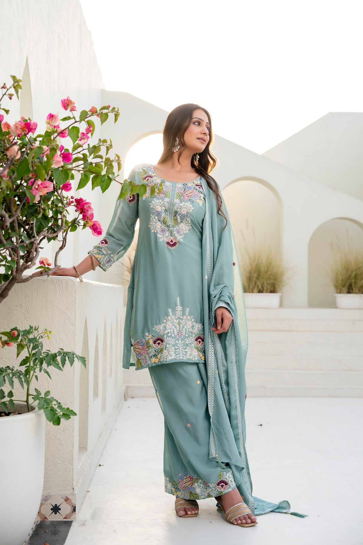 Embroidered Chinon Kurti Palazzo Set