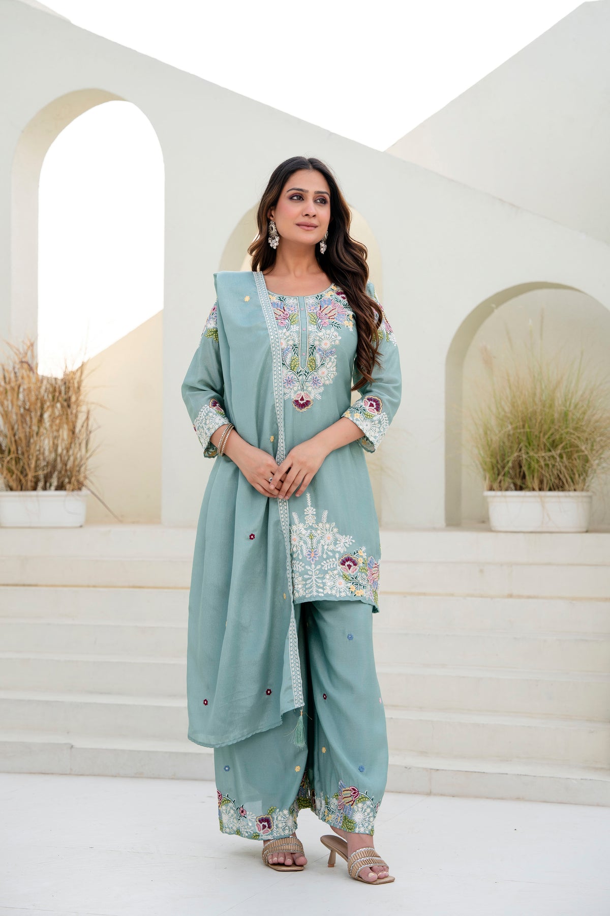 Embroidered Chinon Kurti Palazzo Set