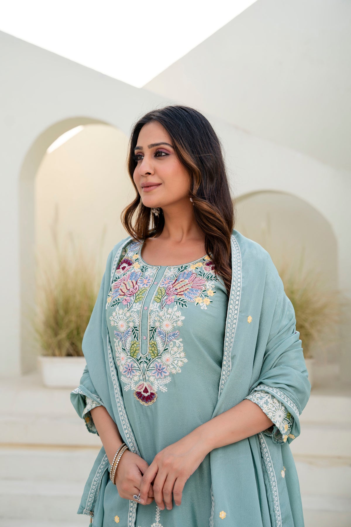 Embroidered Chinon Kurti Palazzo Set