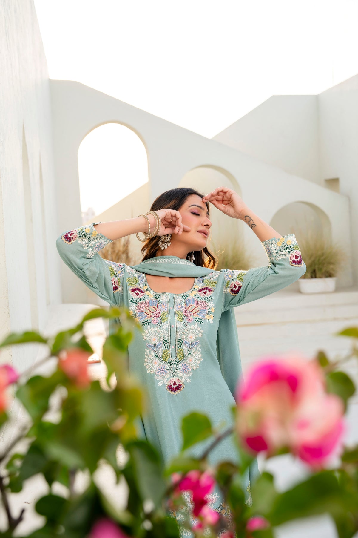 Embroidered Chinon Kurti Palazzo Set