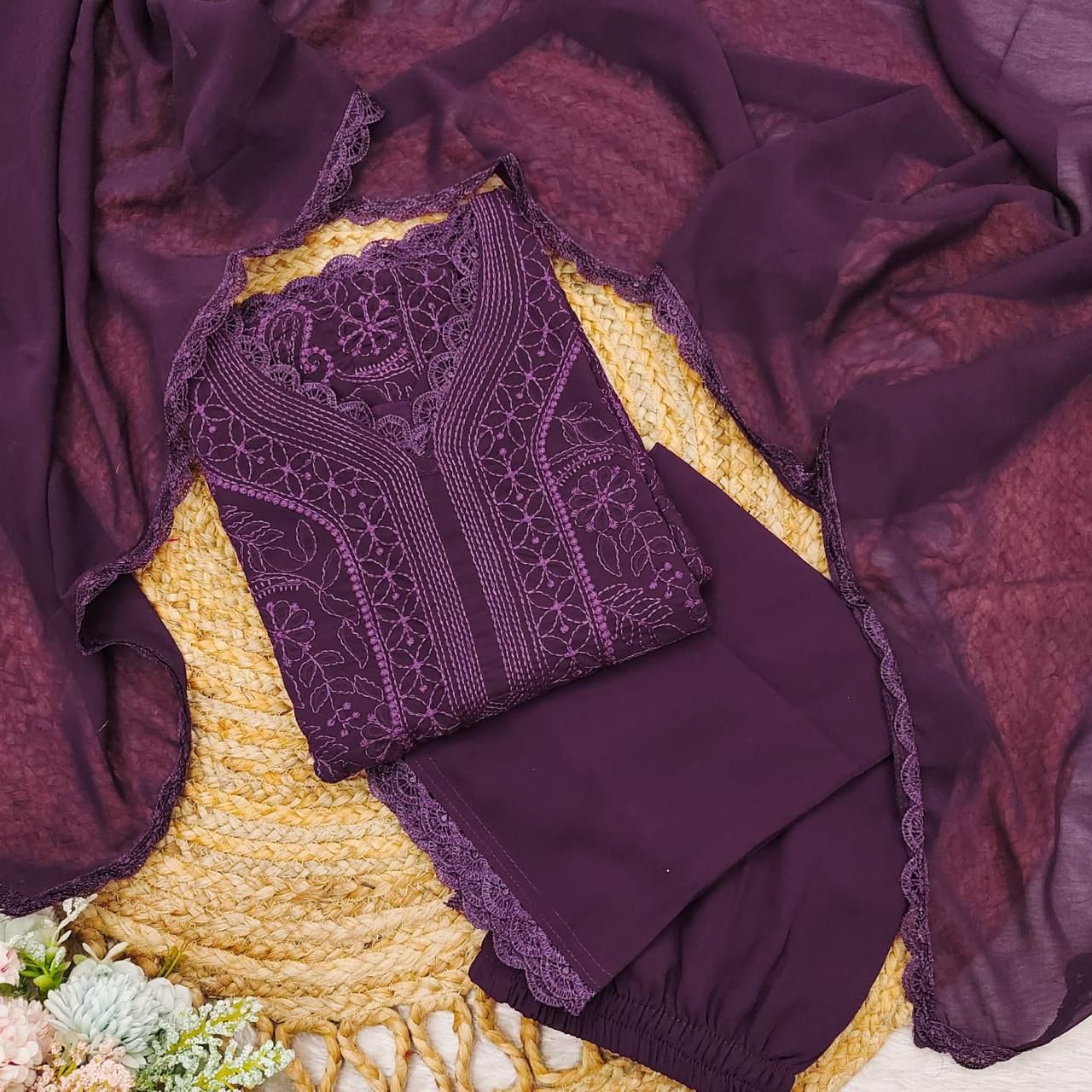 Wine Georgette Chikankari Embroidery Kurta With Pant And Dupatta For Women