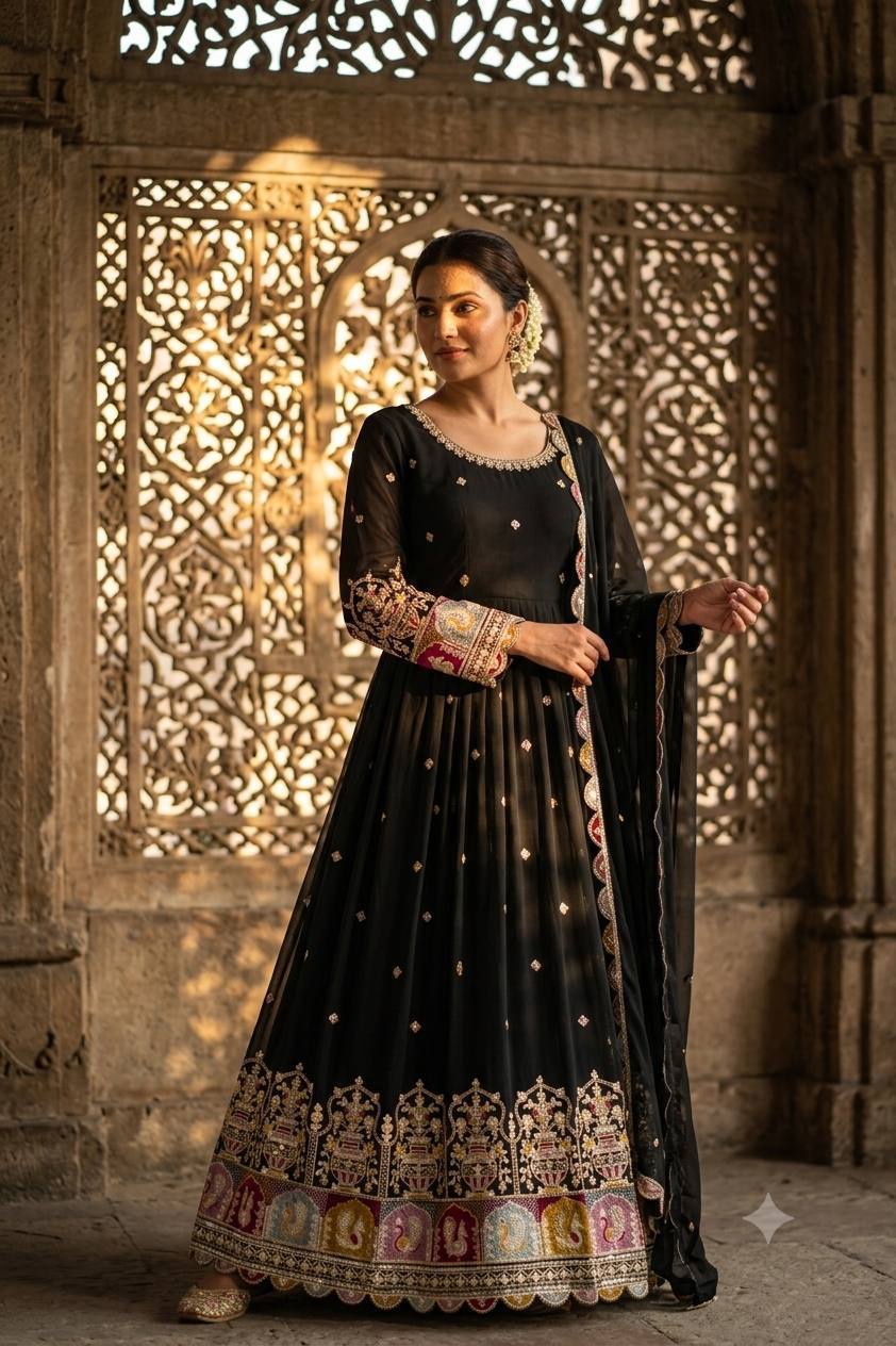 Designer Blooming Georgette Gown Pant Dupatta Set
