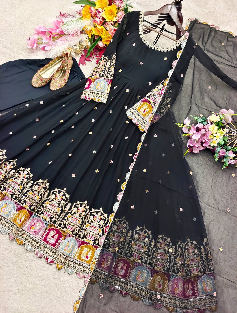Designer Blooming Georgette Gown Pant Dupatta Set