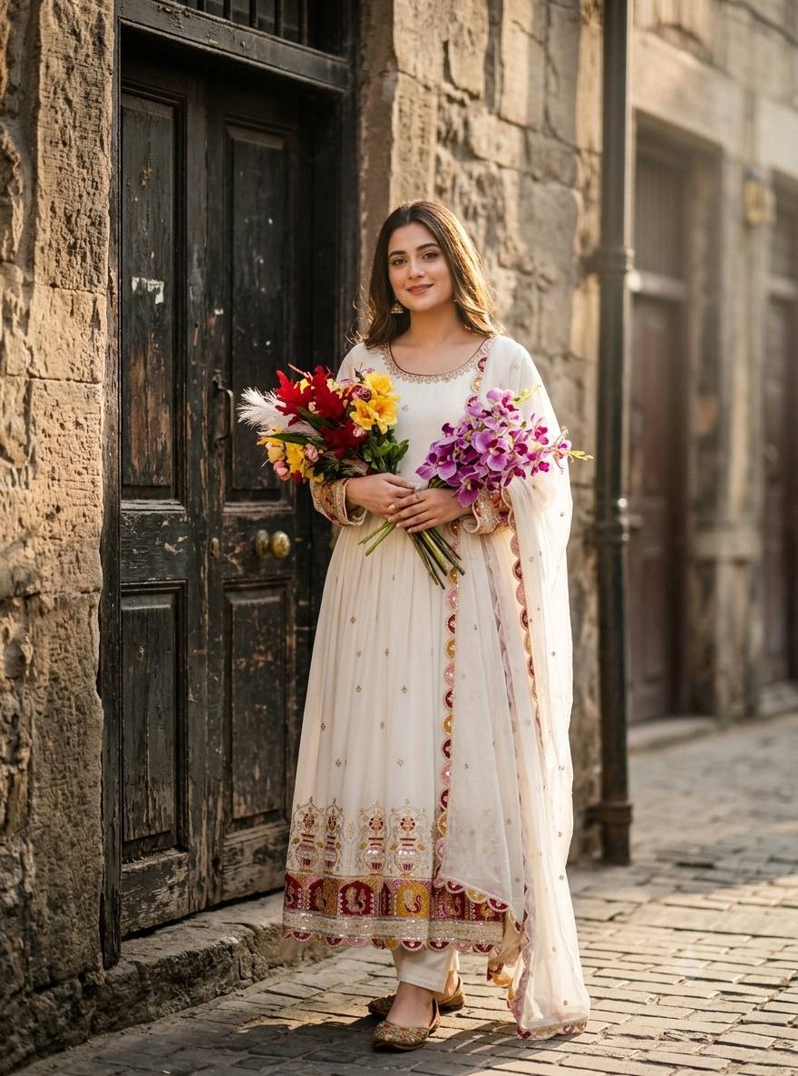 Designer Blooming Georgette Gown Pant Dupatta Set