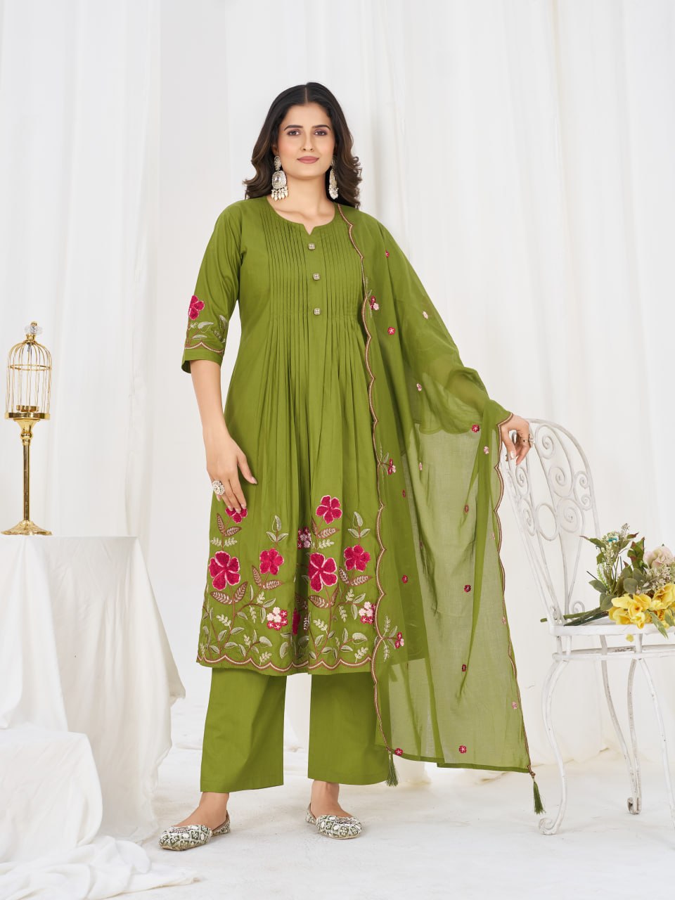 Elegant Embroidered Pure Cotton Anarkali Kurti Set