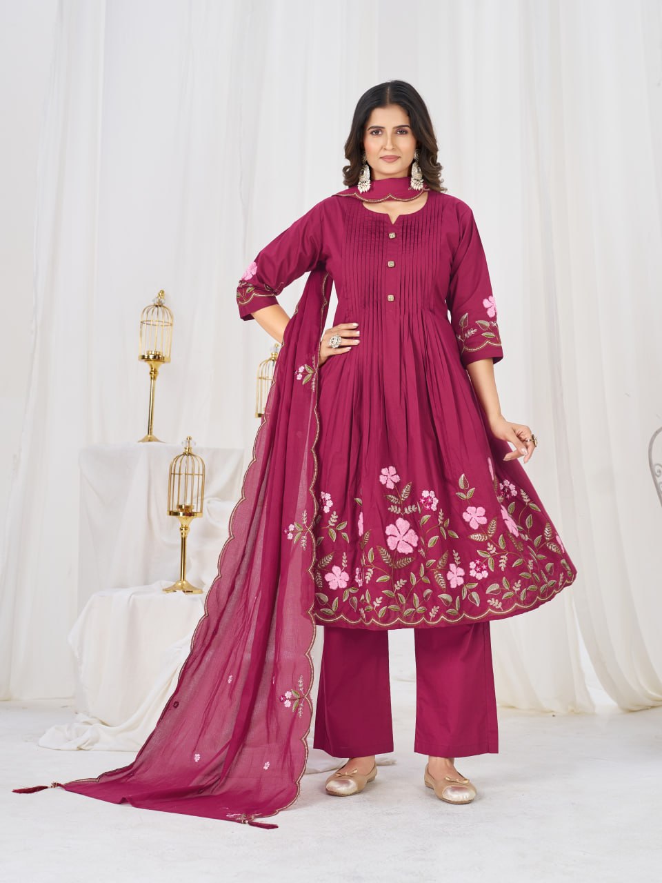 Elegant Embroidered Pure Cotton Anarkali Kurti Set