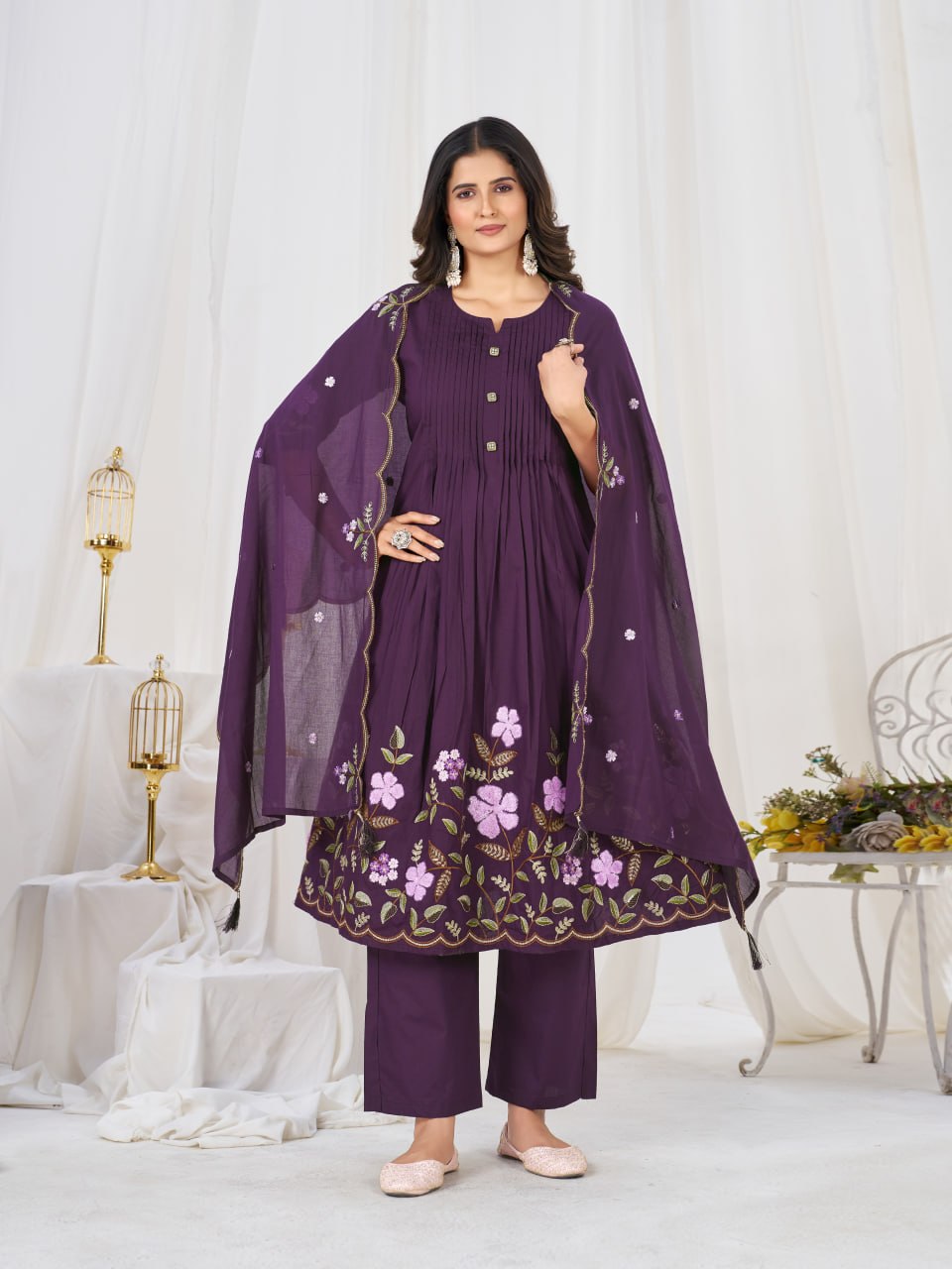 Elegant Embroidered Pure Cotton Anarkali Kurti Set