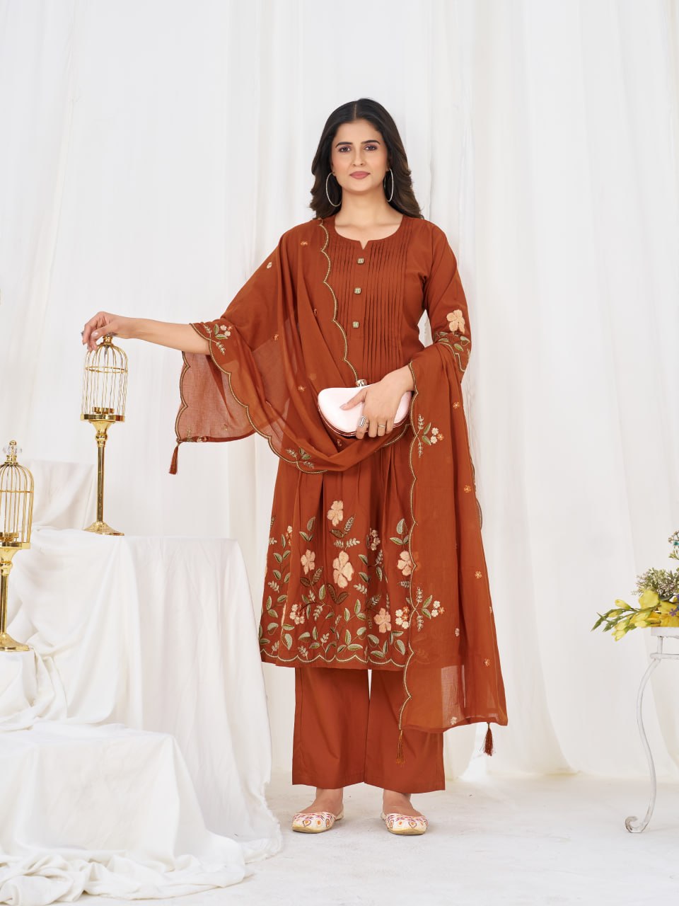 Elegant Embroidered Pure Cotton Anarkali Kurti Set
