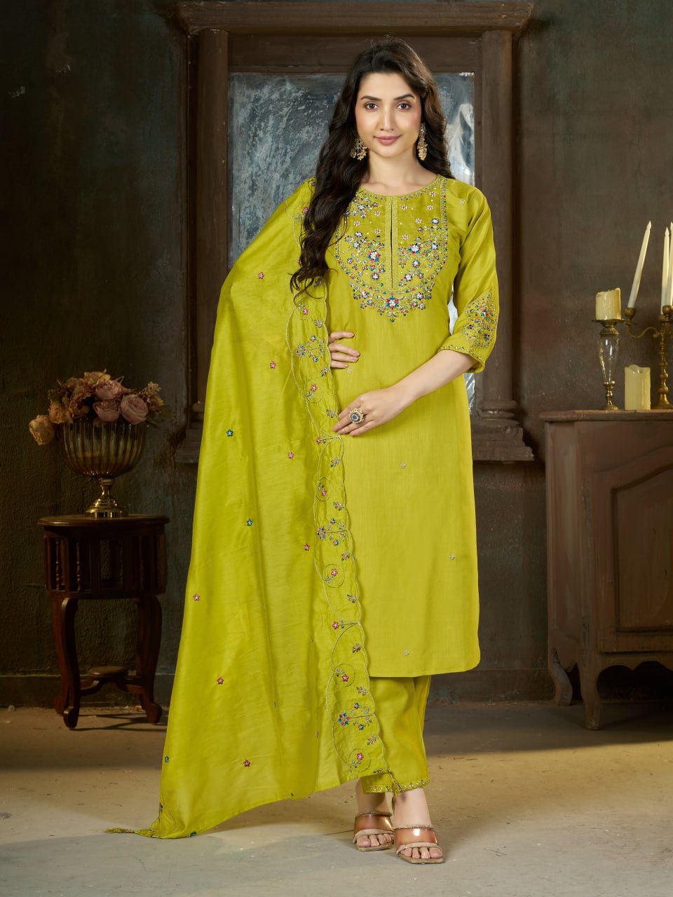 Elegant Embroidered Marina Silk Kurti Set