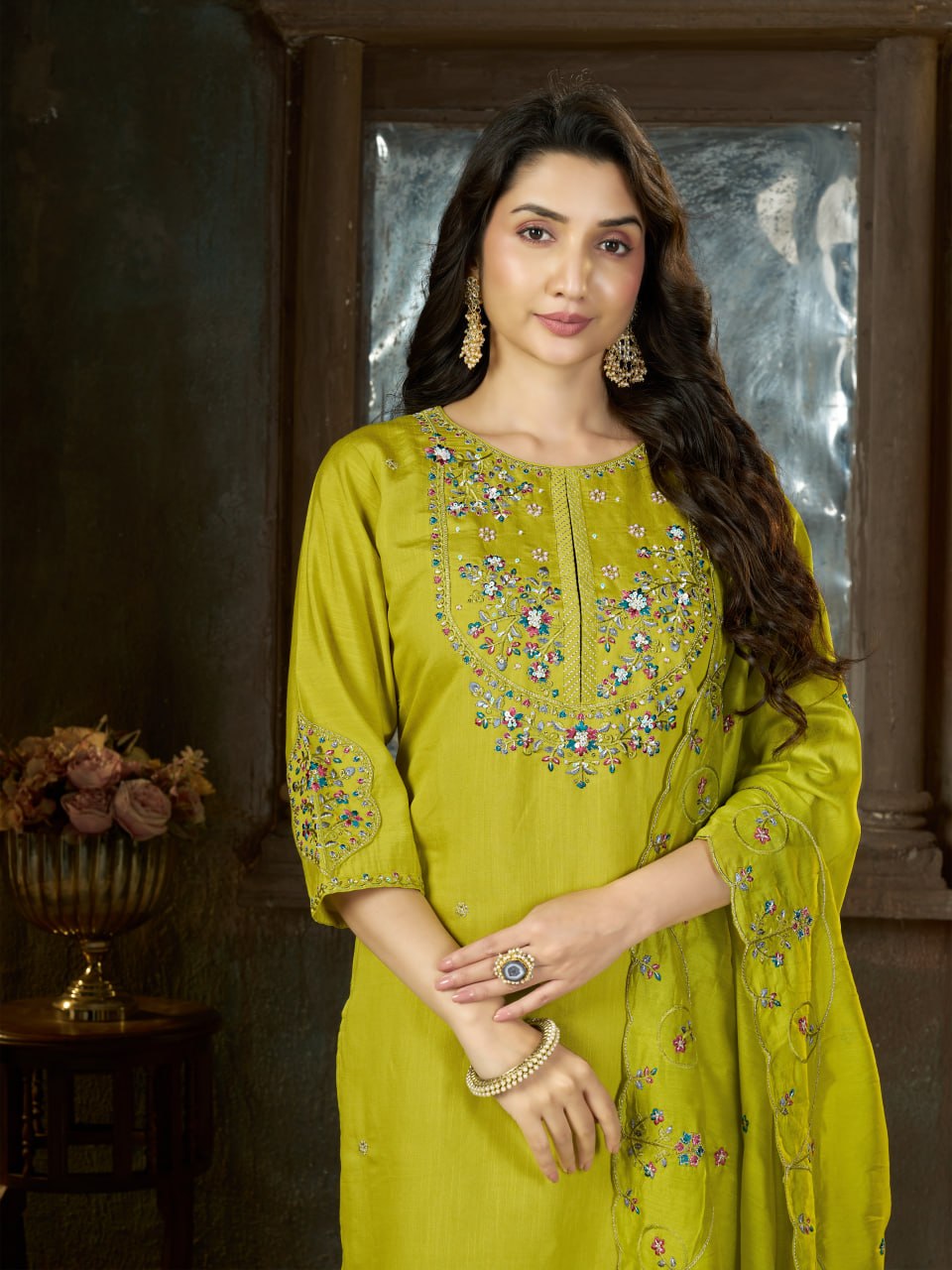 Elegant Embroidered Marina Silk Kurti Set