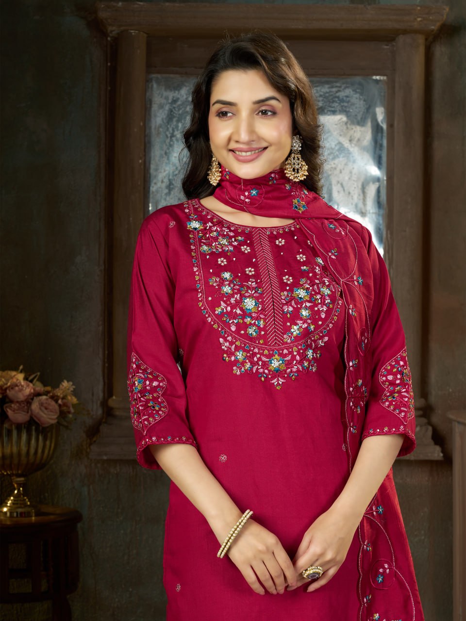 Elegant Embroidered Marina Silk Kurti Set