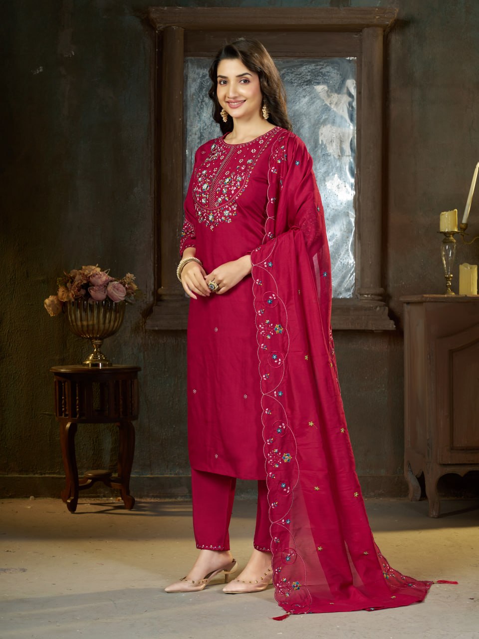 Elegant Embroidered Marina Silk Kurti Set