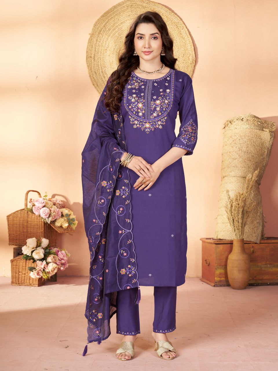 Elegant Embroidered Marina Silk Kurti Set
