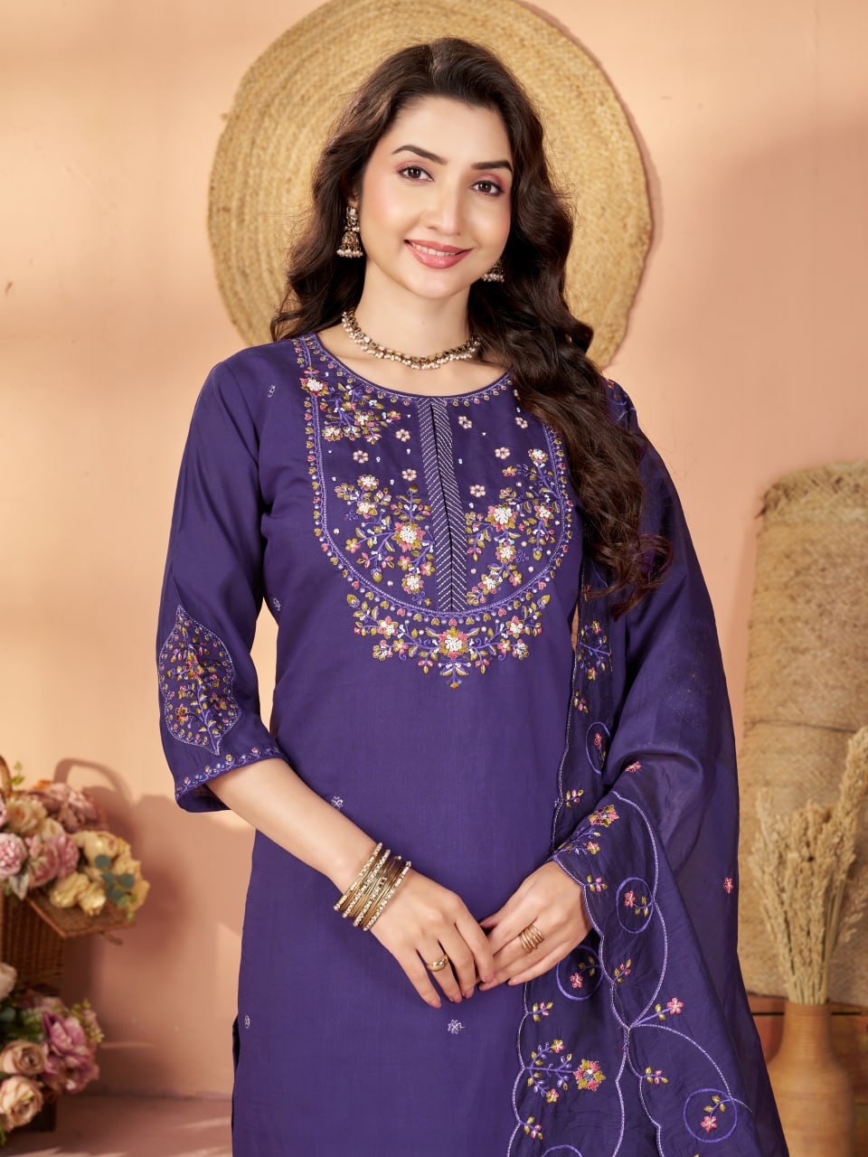 Elegant Embroidered Marina Silk Kurti Set