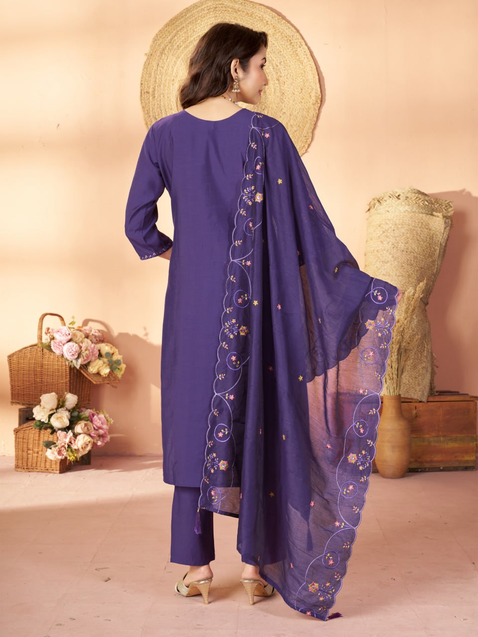 Elegant Embroidered Marina Silk Kurti Set