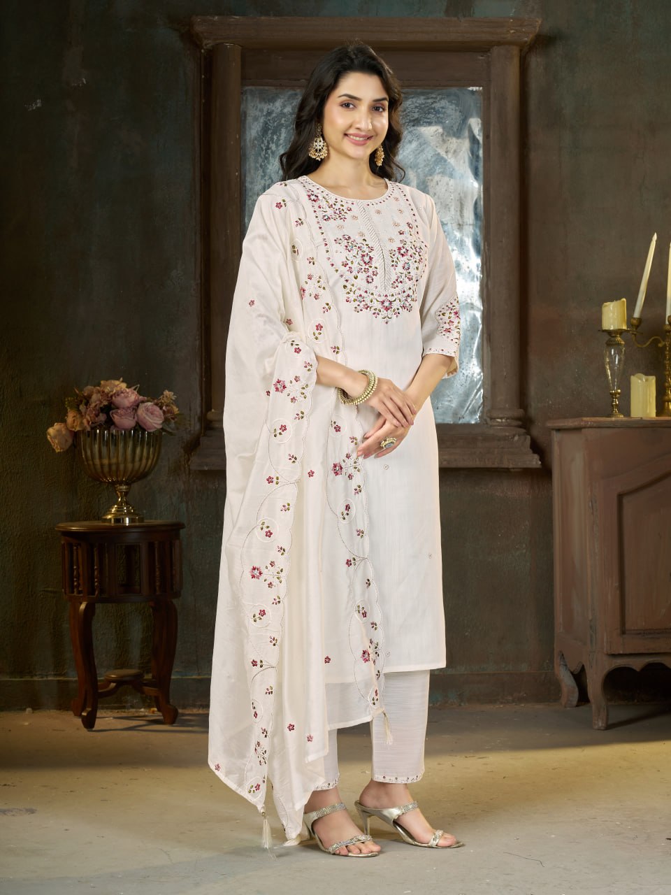 Elegant Embroidered Marina Silk Kurti Set