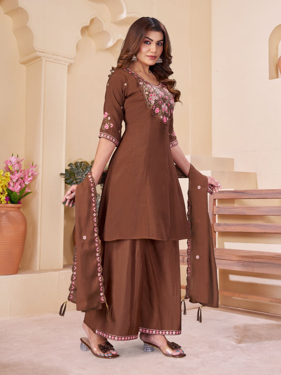 Elegant Embroidered Mal Chanderi Anarkali Kurti Set