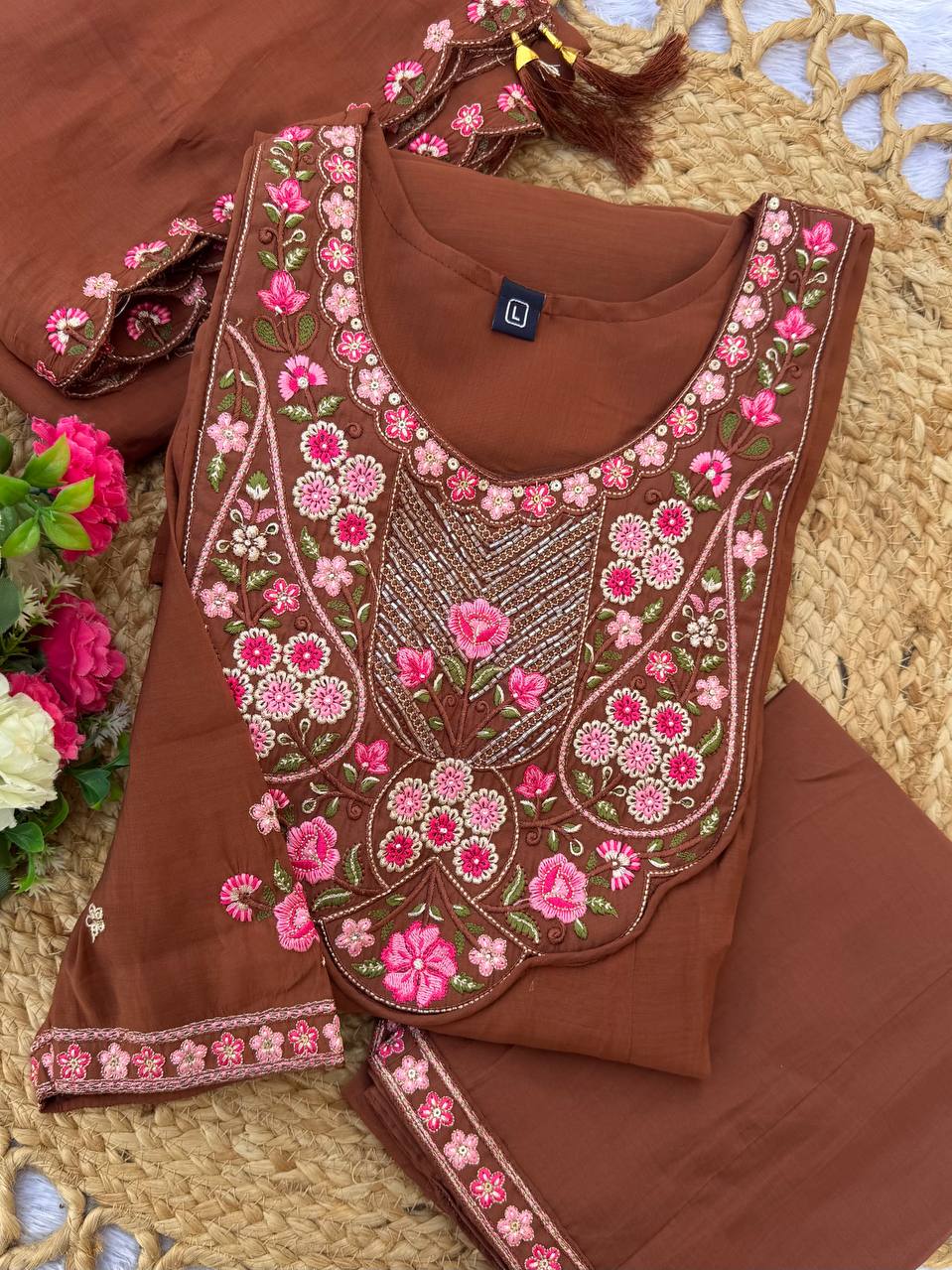 Elegant Embroidered Mal Chanderi Anarkali Kurti Set