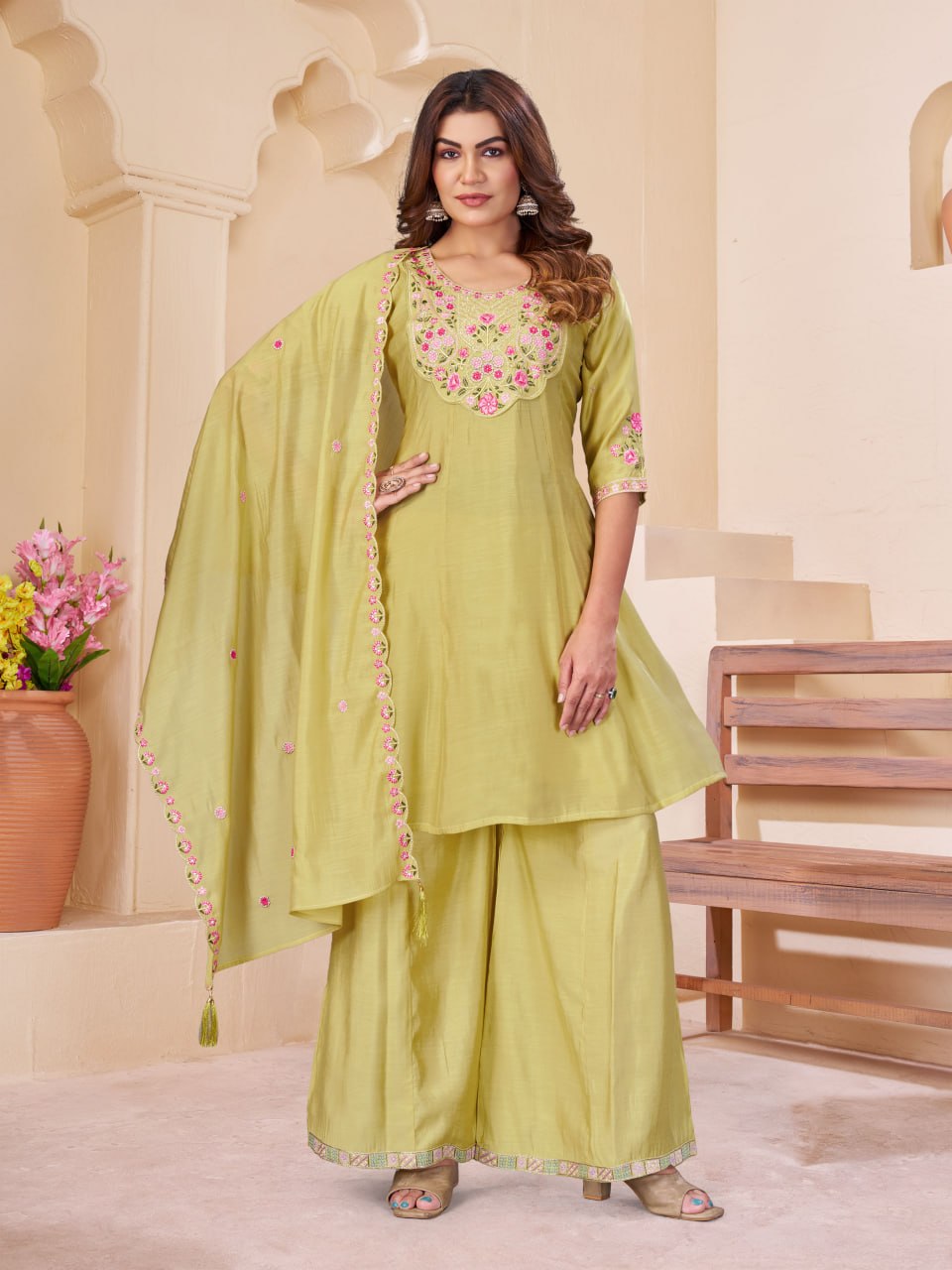 Elegant Embroidered Mal Chanderi Anarkali Kurti Set