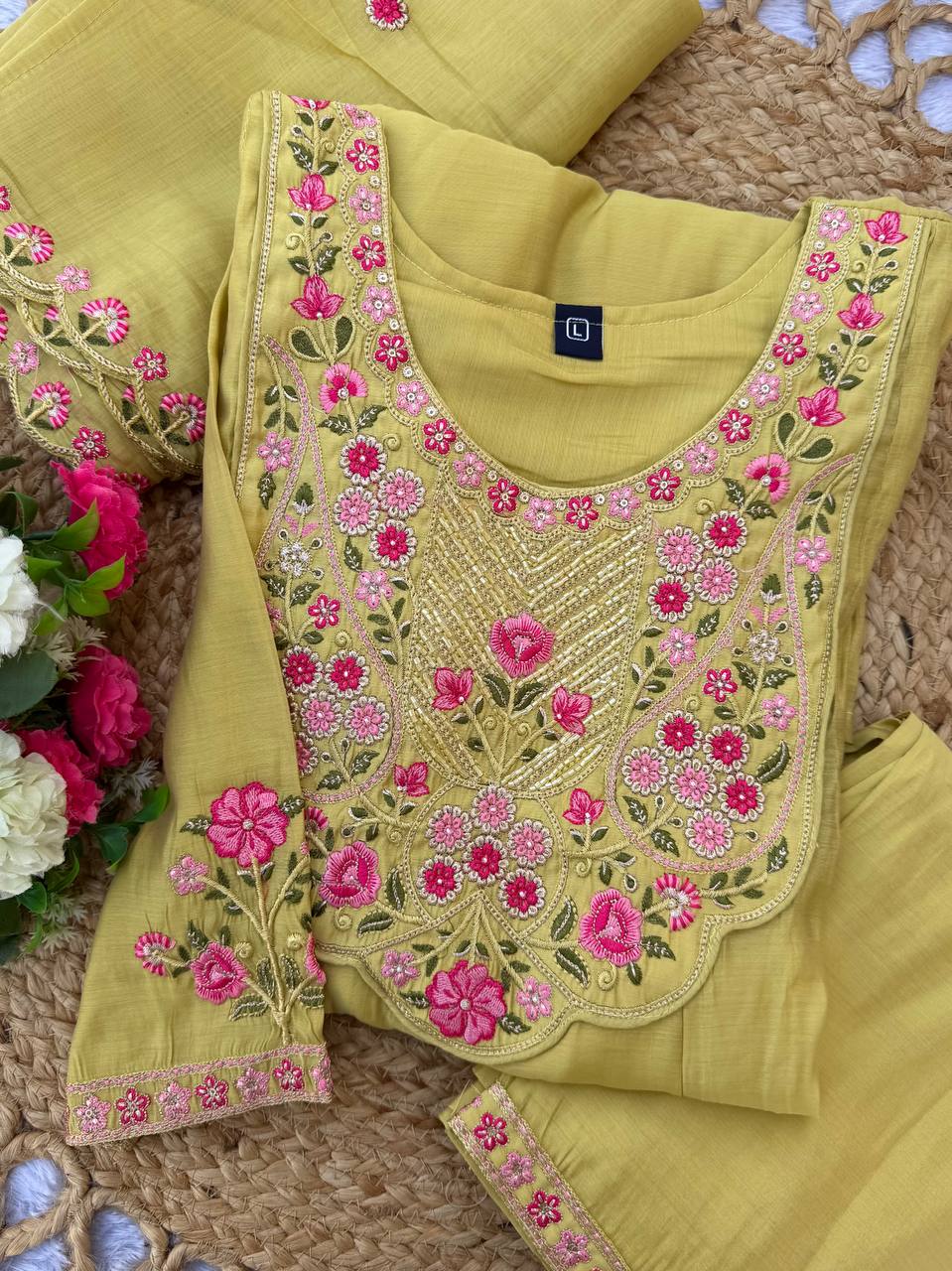 Elegant Embroidered Mal Chanderi Anarkali Kurti Set