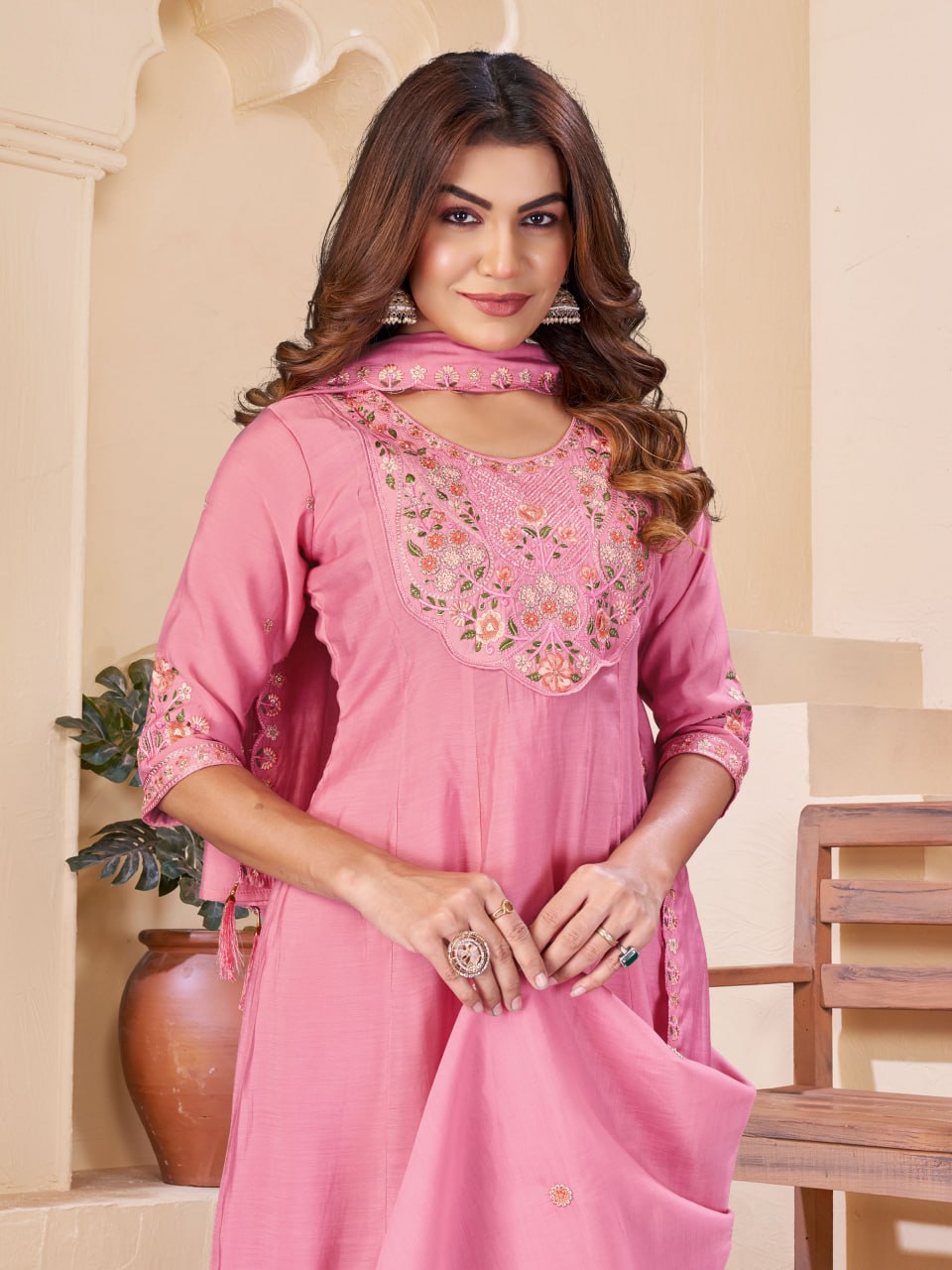 Elegant Embroidered Mal Chanderi Anarkali Kurti Set