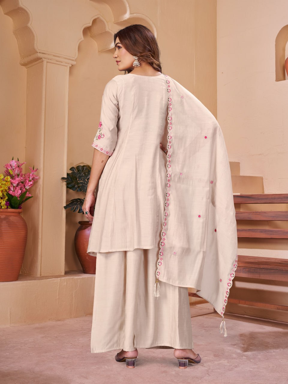 Elegant Embroidered Mal Chanderi Anarkali Kurti Set